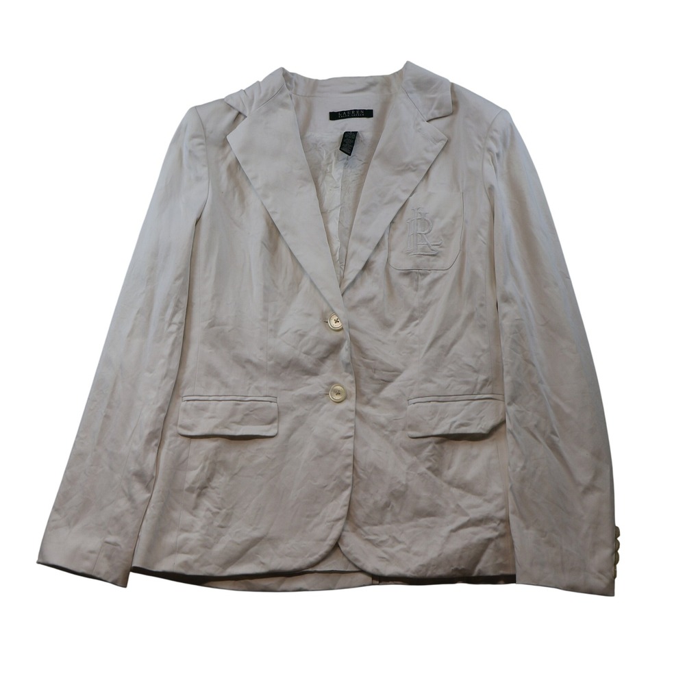 Lauren Ralph Lauren Womens 8 Blazer White Crest Embroidered Cotton Blend Jacket
